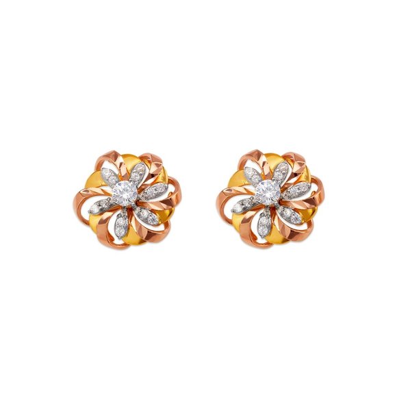 14k REAL GOLD Fancy Flower Stud CZ Earrings 12MM - Picture 1 of 4